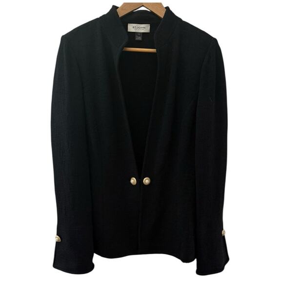 St. John Collection Luxe Textured Black Wool-Blend Pearl Button Blazer Size 10 - Picture 1 of 10